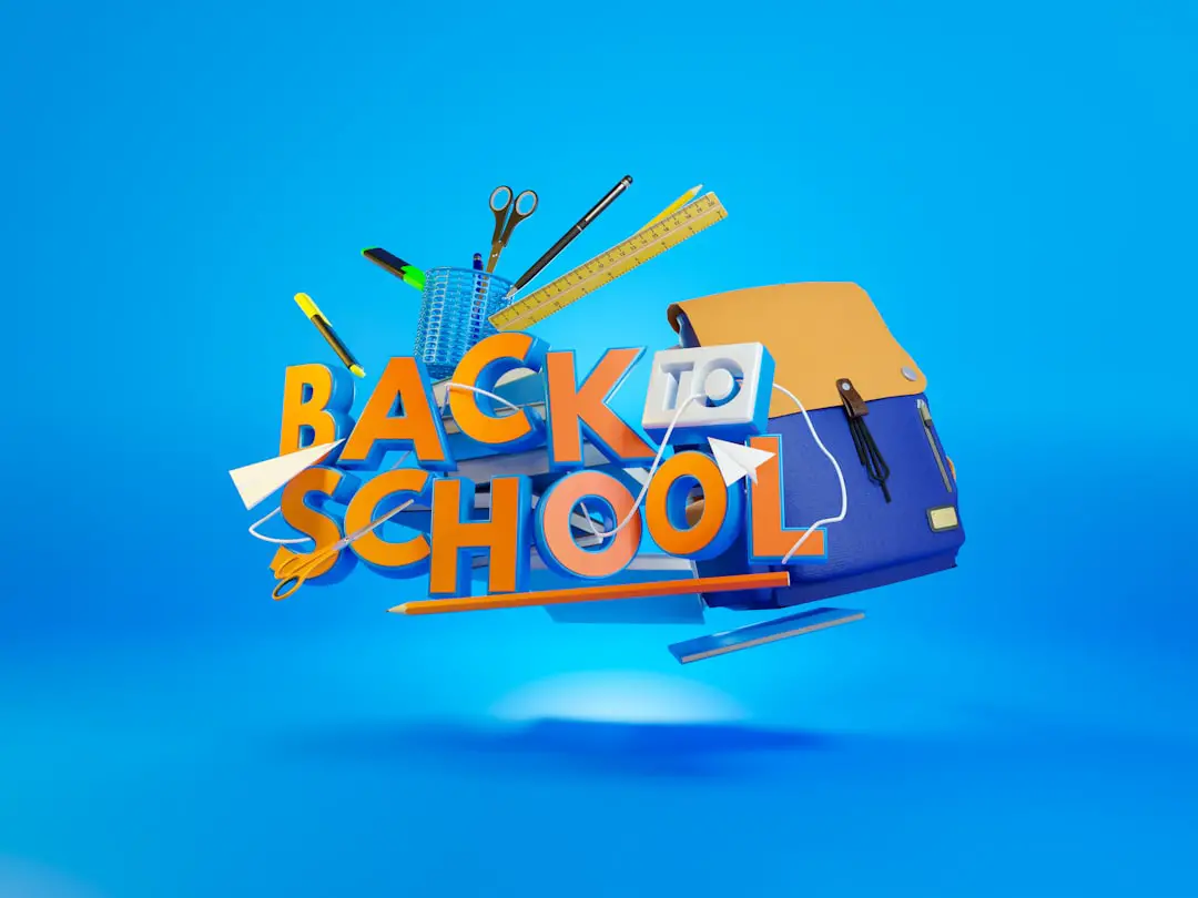 The back to school logo is shown on a blue background